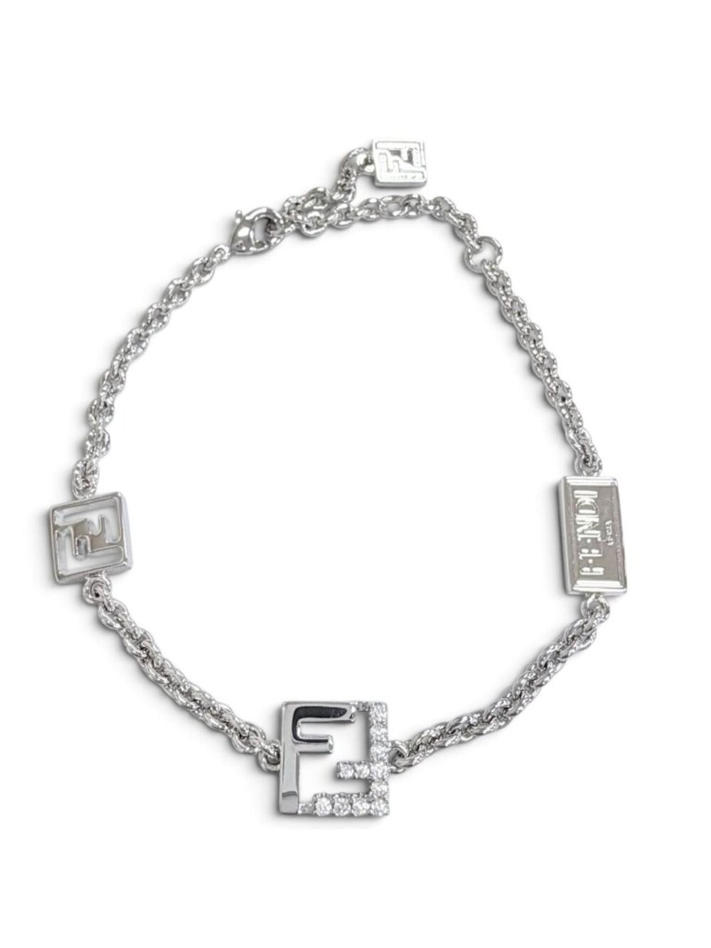 Fendi Forever FF Logo Crystal Chain Bracelet Silver